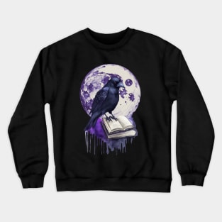 Raven reading books, full moon, witch, Halloween, crow, raven, corvid, books, magic, witchcraft, Wicca Crewneck Sweatshirt